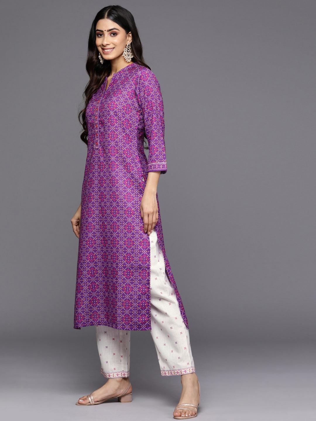 Purple Printed Cotton Straight Kurta Set With Trousers - ShopLibas