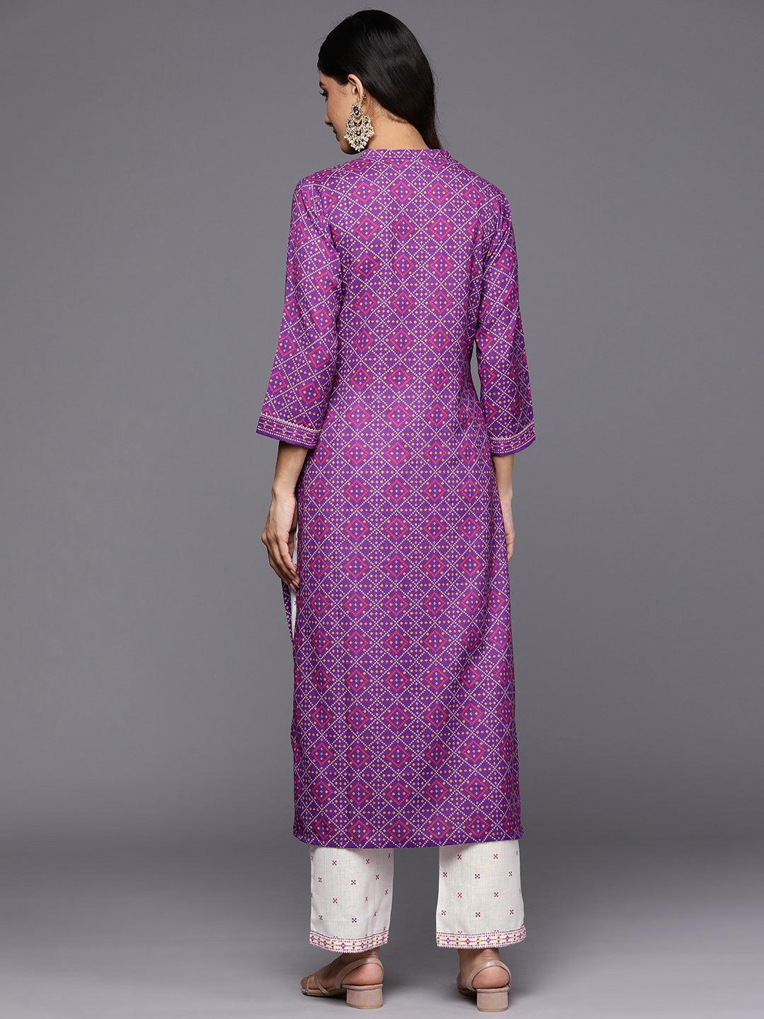 Purple Printed Cotton Straight Kurta Set With Trousers - ShopLibas