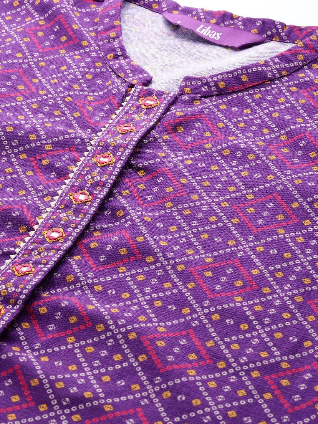 Purple Printed Cotton Straight Kurta Set With Trousers - ShopLibas