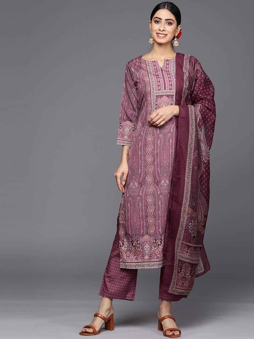 Purple Printed Crepe Straight Suit Set With Trousers