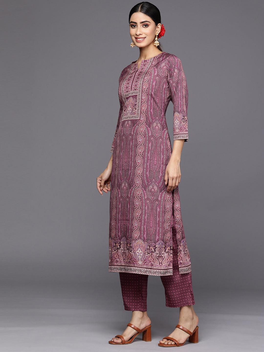 Purple Printed Crepe Straight Suit Set With Trousers - ShopLibas