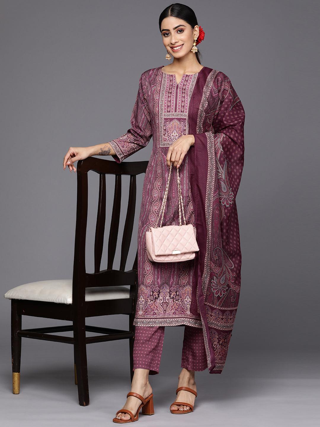 Purple Printed Crepe Straight Suit Set With Trousers