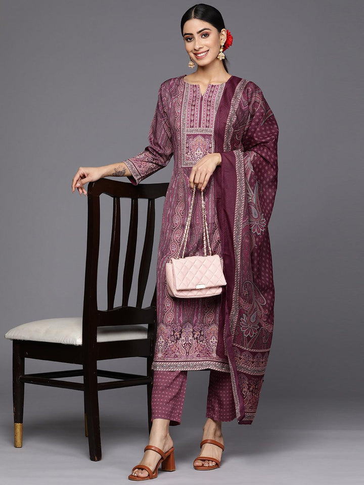 Purple Printed Crepe Straight Suit Set With Trousers - ShopLibas