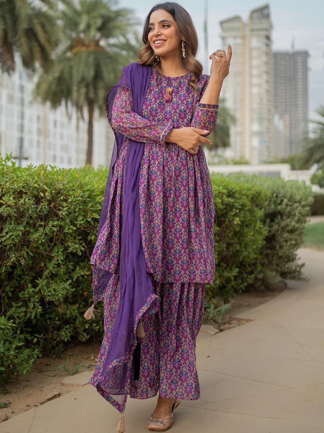 Purple Printed Georgette Suit Set