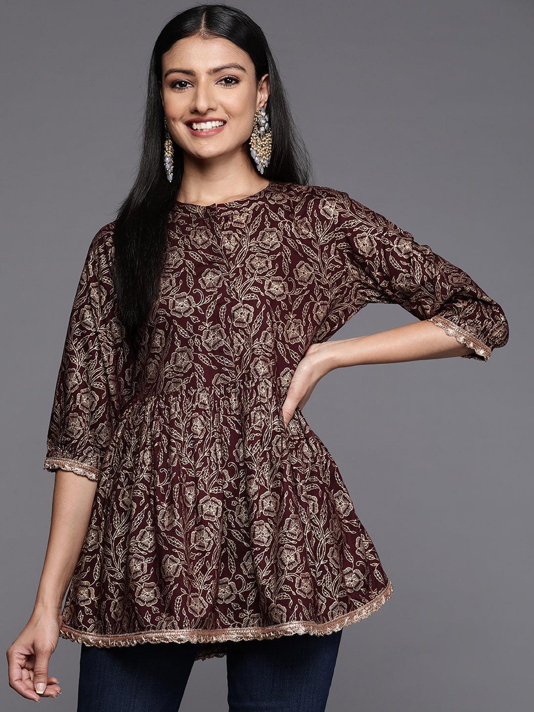 Purple Printed Rayon A-Line Kurti