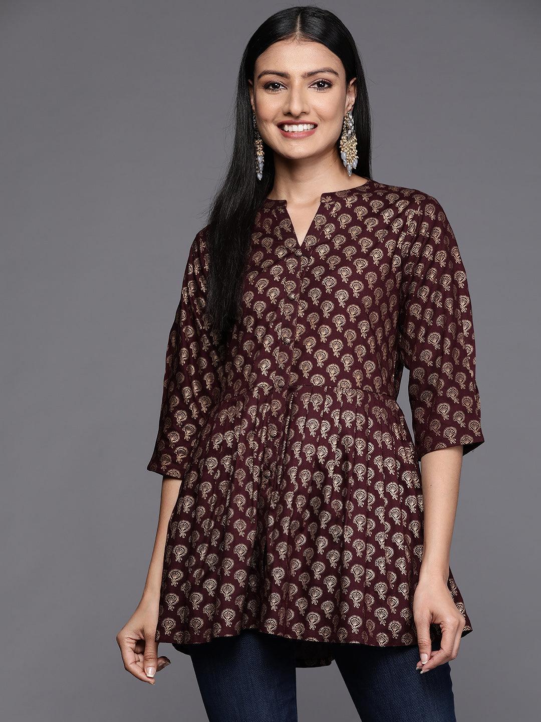 Purple Printed Rayon A-Line Kurti