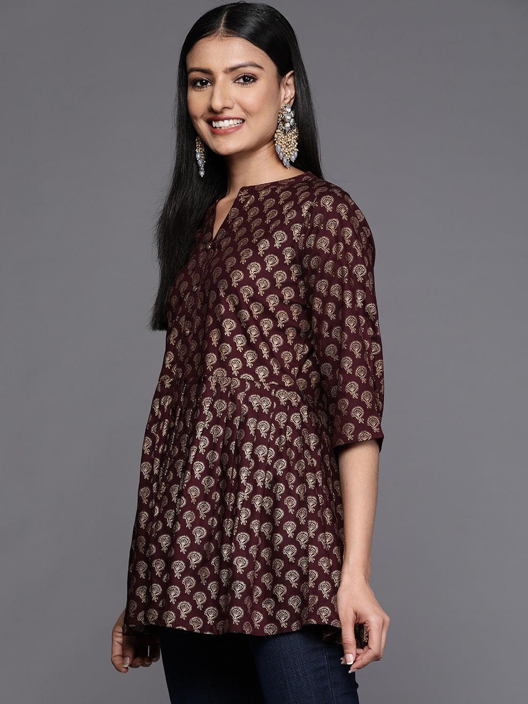 Purple Printed Rayon A-Line Kurti - Libas