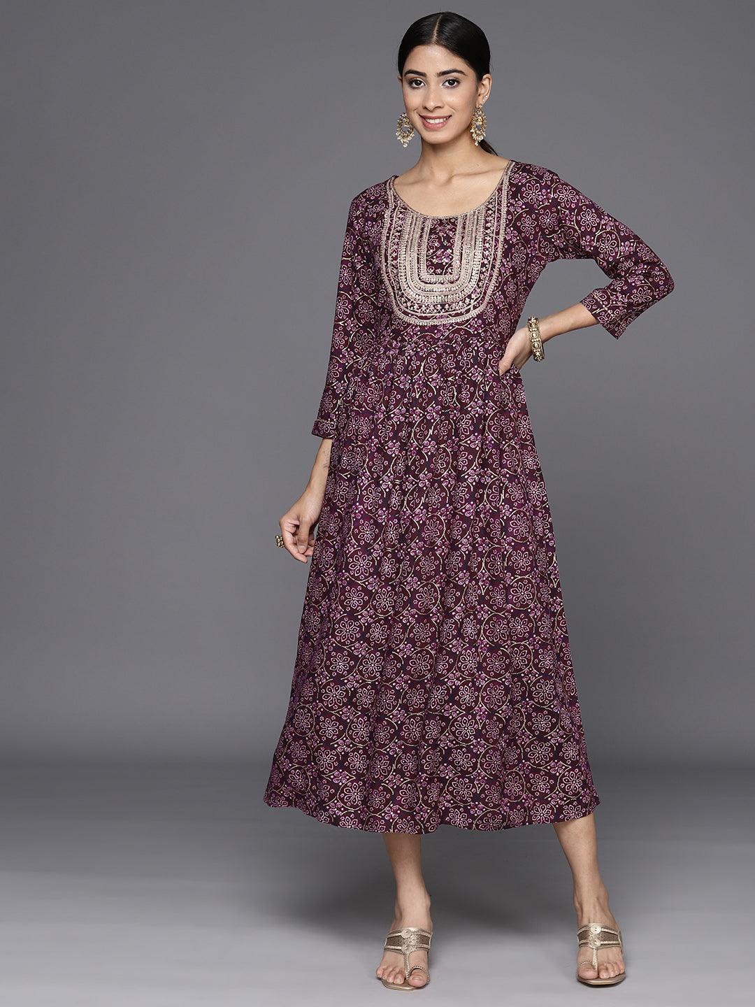 Purple Printed Rayon Fit and Flare Dress