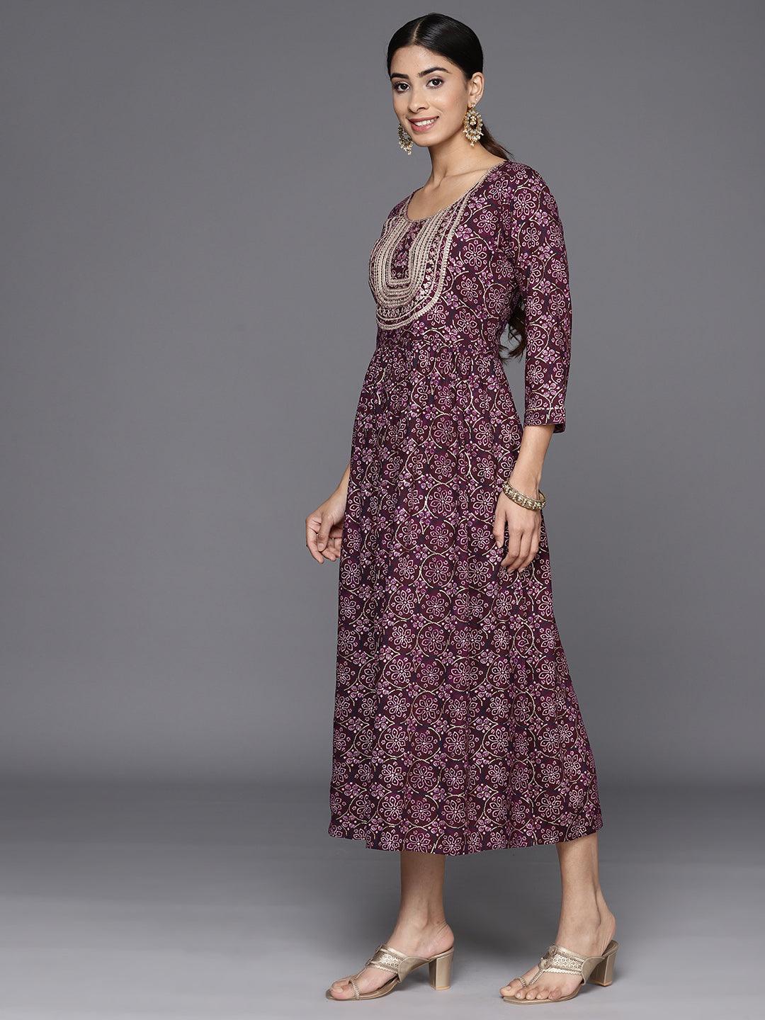 Purple Printed Rayon Fit and Flare Dress