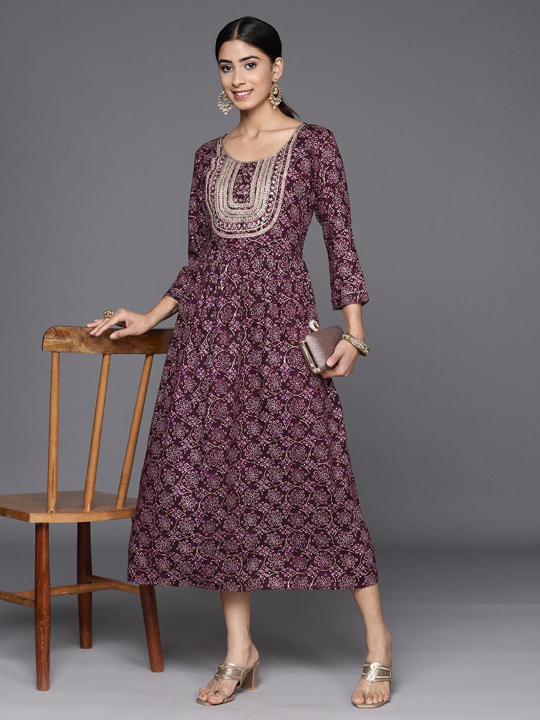 Purple Printed Rayon Fit and Flare Dress