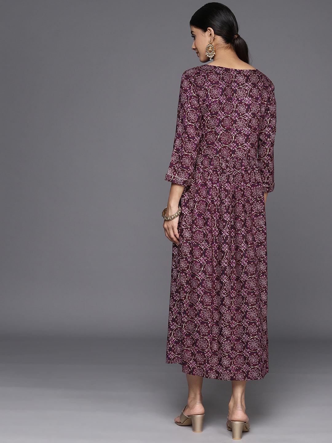 Purple Printed Rayon Fit and Flare Dress