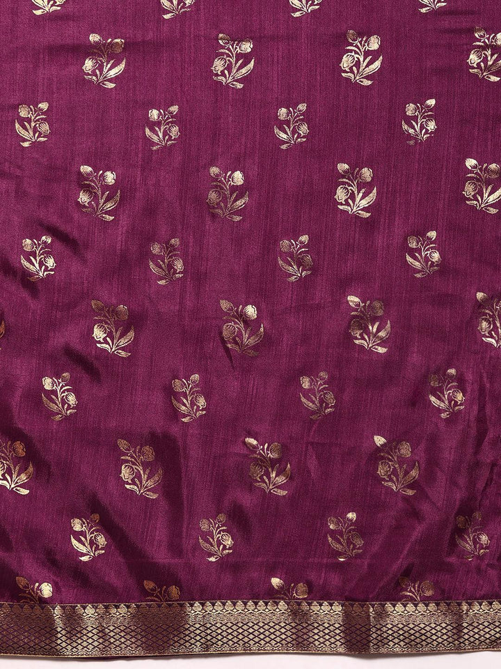 Purple Printed Silk Blend Saree - Libas