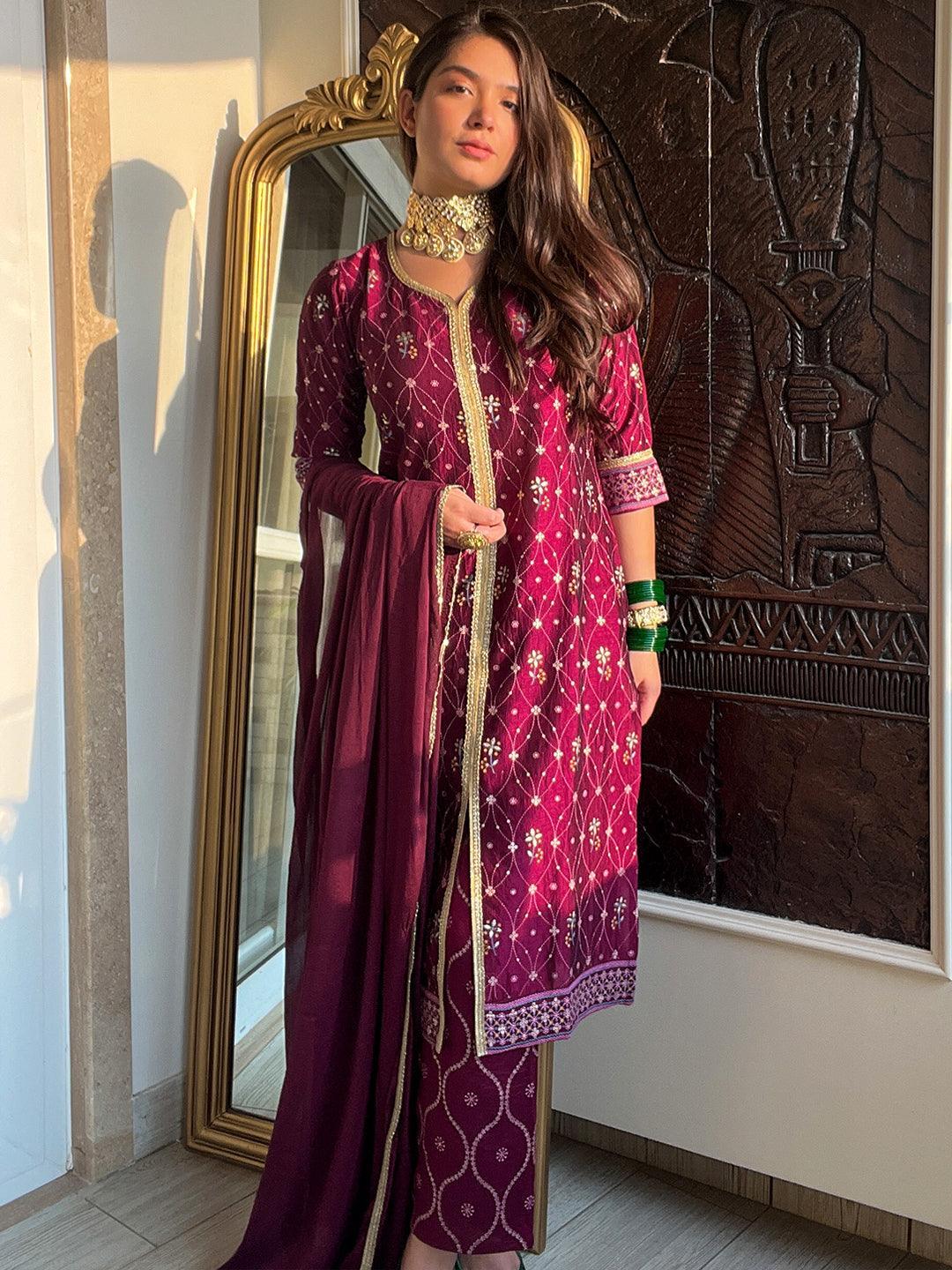 Purple Printed Silk Blend Suit Set