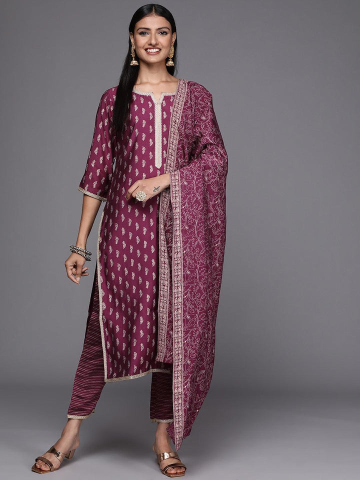 Purple Printed Silk Blend Straight Suit Set - ShopLibas