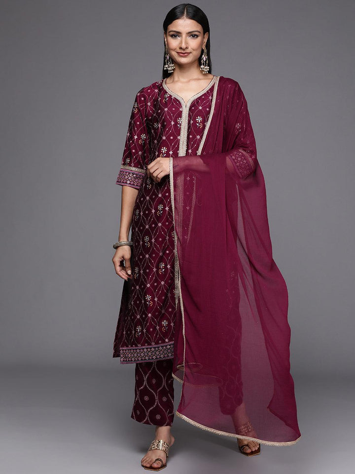 Purple Printed Silk Blend Suit Set - ShopLibas