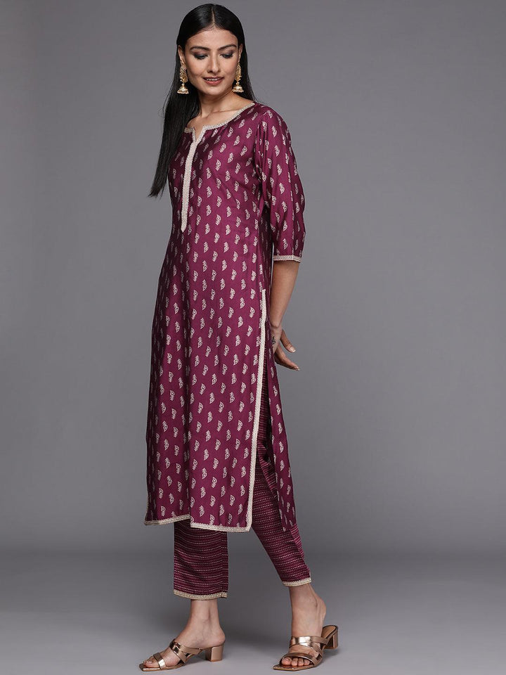 Purple Printed Silk Blend Straight Suit Set - ShopLibas