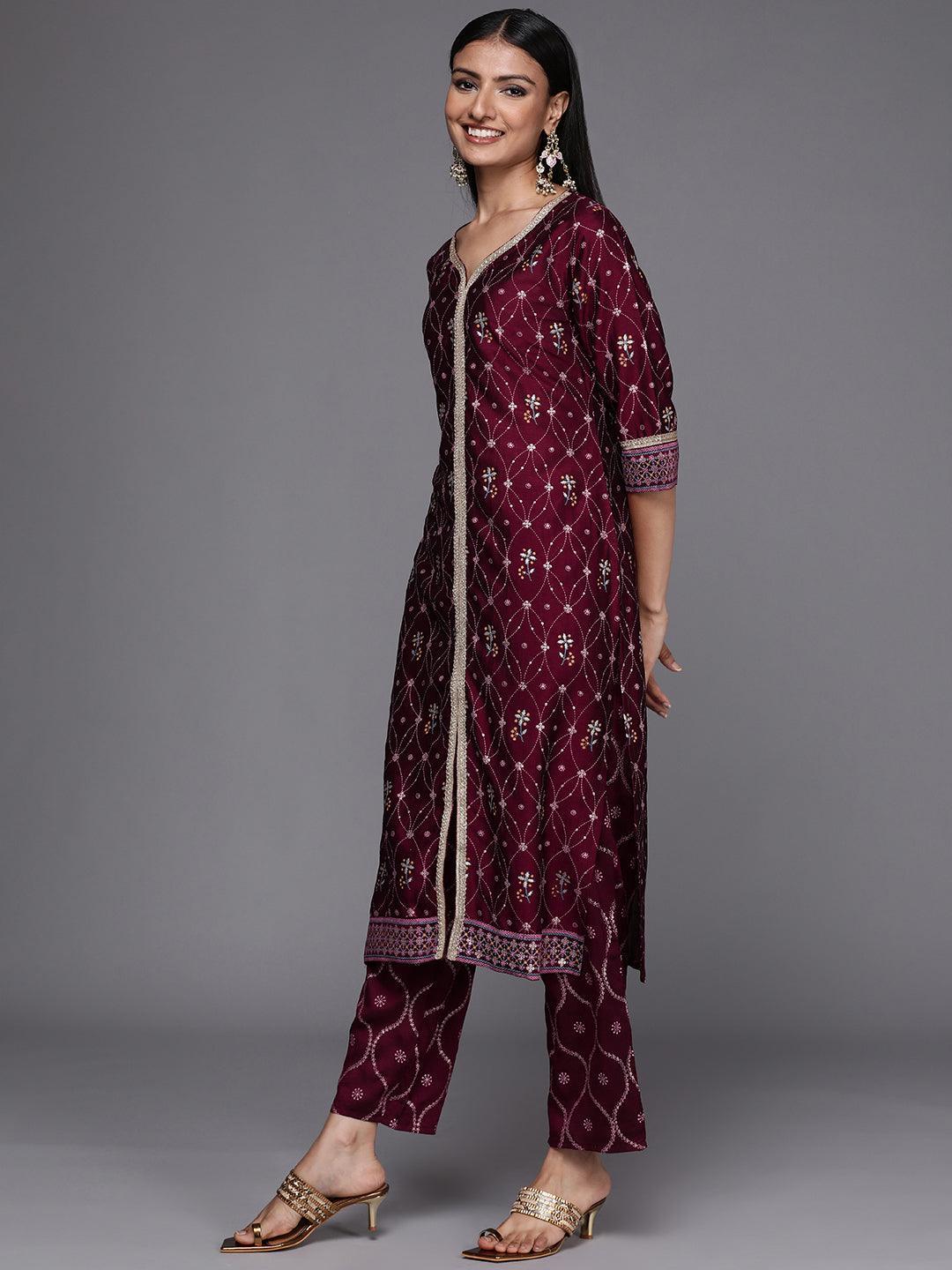 Purple Printed Silk Blend Suit Set