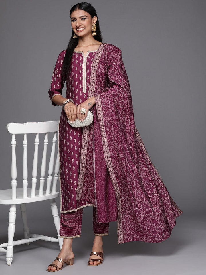 Purple Printed Silk Blend Straight Suit Set - ShopLibas