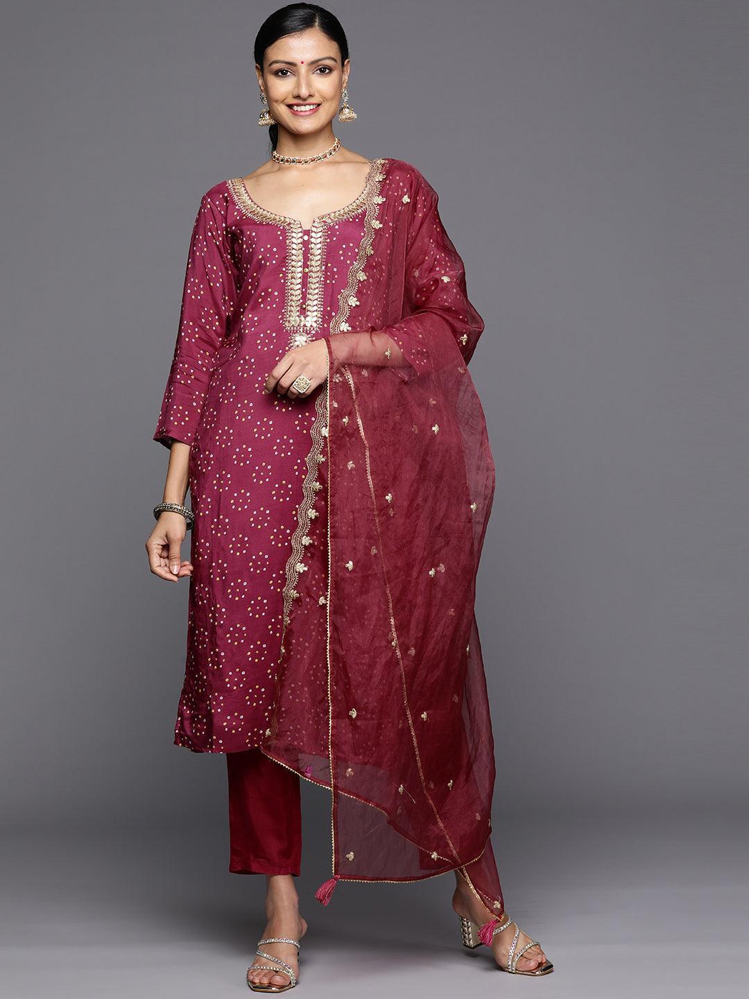 Purple Printed Silk Blend Straight Kurta With Trousers & Dupatta