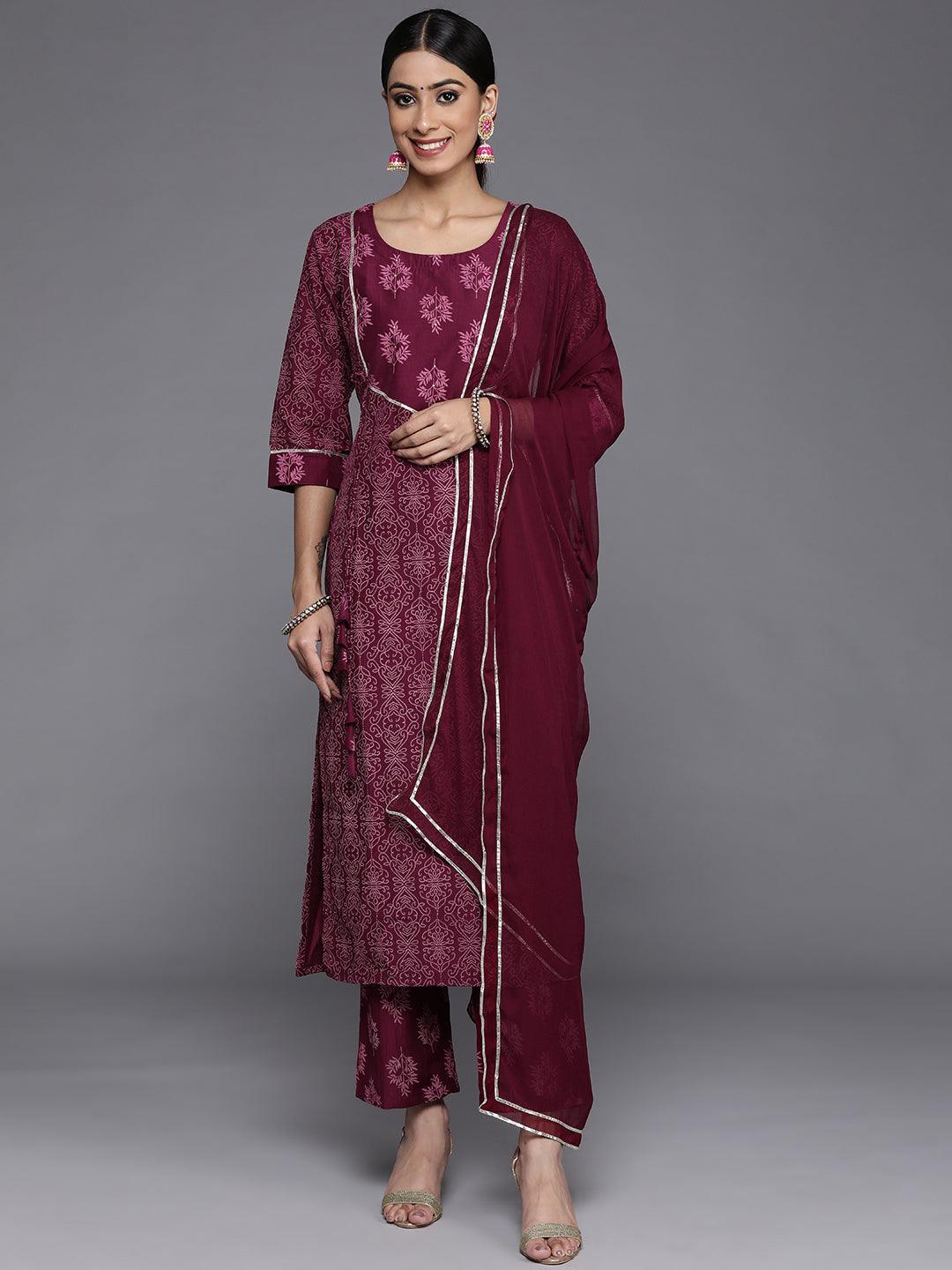 Purple Printed Silk Blend Straight Kurta With Trousers & Dupatta