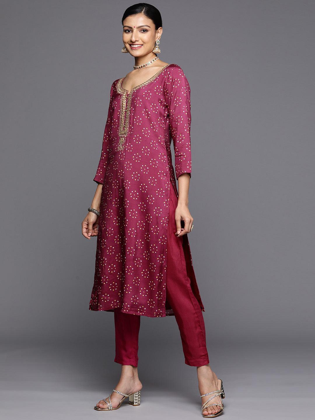 Purple Printed Silk Blend Straight Kurta With Trousers & Dupatta