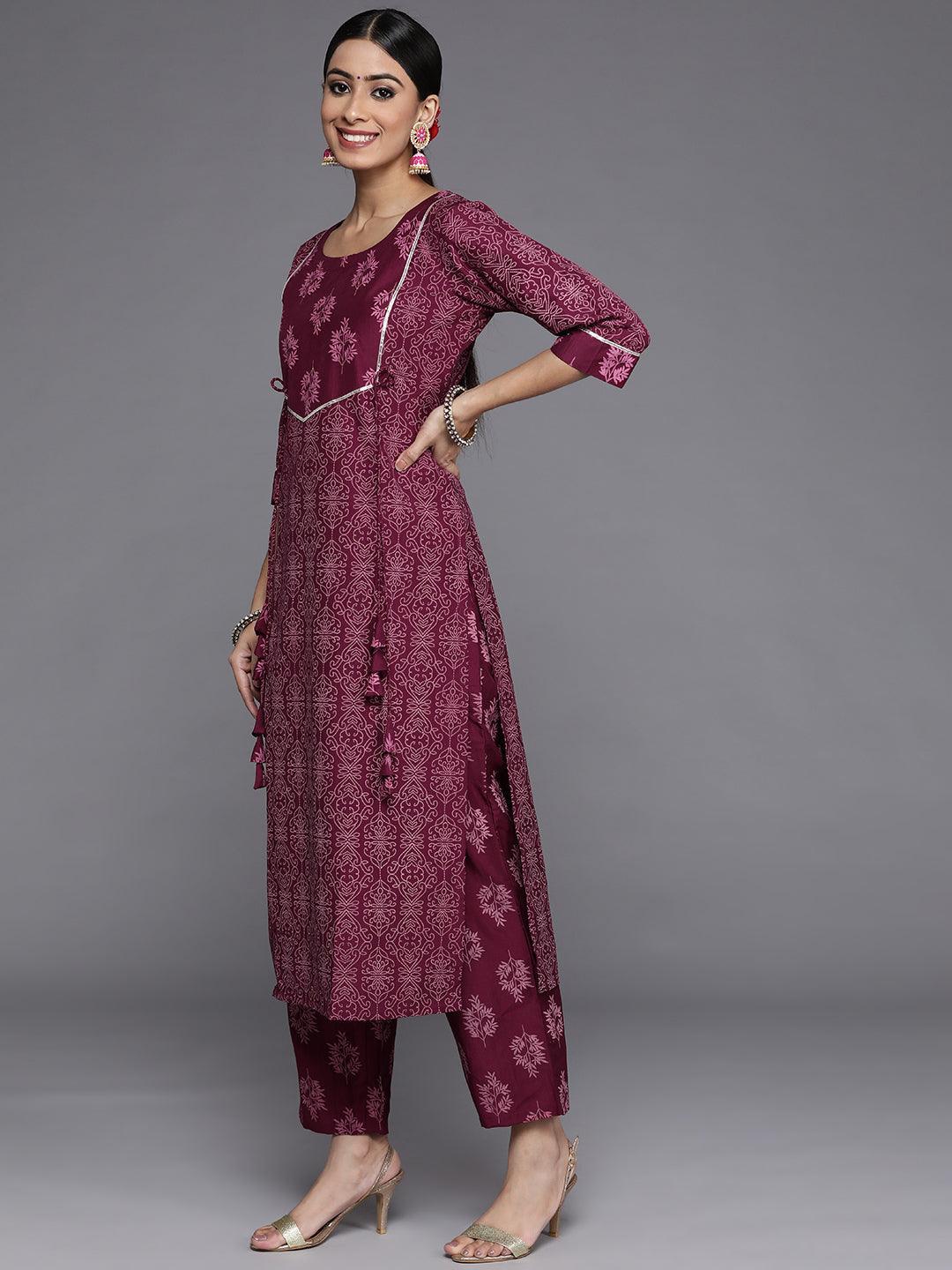 Purple Printed Silk Blend Straight Kurta With Trousers & Dupatta