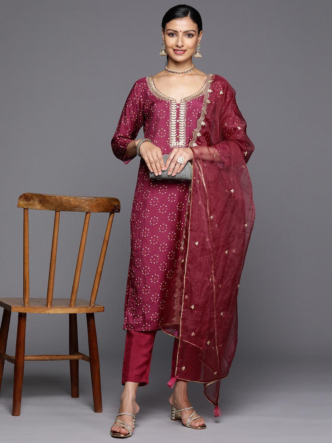 Purple Printed Silk Blend Straight Kurta With Trousers & Dupatta