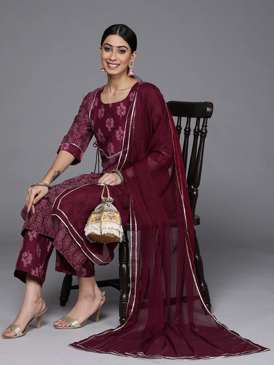 Purple Printed Silk Blend Straight Kurta With Trousers & Dupatta