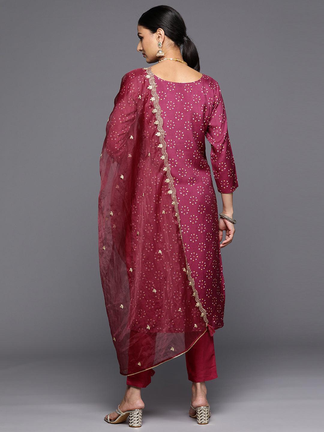 Purple Printed Silk Blend Straight Kurta With Trousers & Dupatta