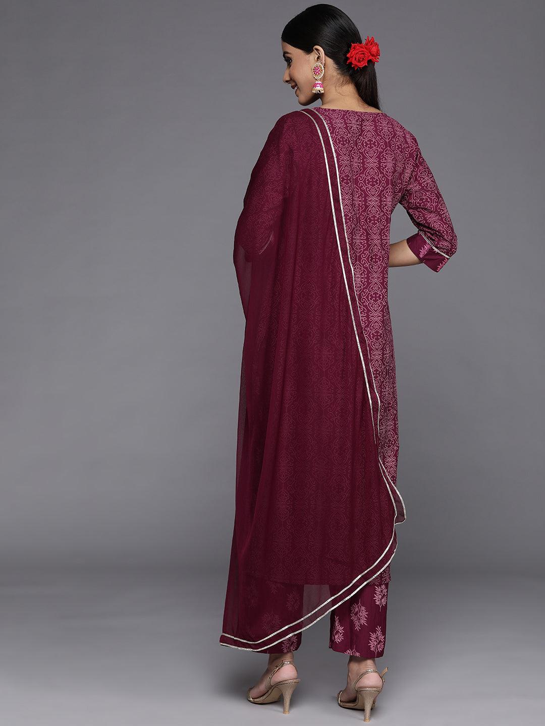 Purple Printed Silk Blend Straight Kurta With Trousers & Dupatta