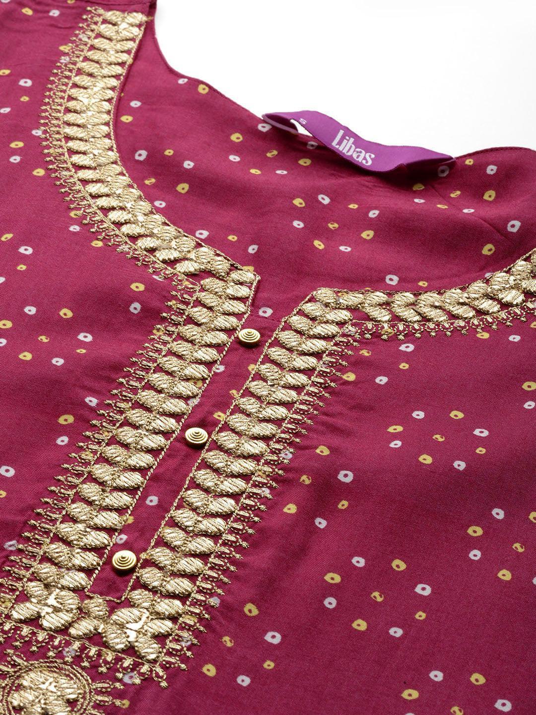 Purple Printed Silk Blend Straight Kurta With Trousers & Dupatta