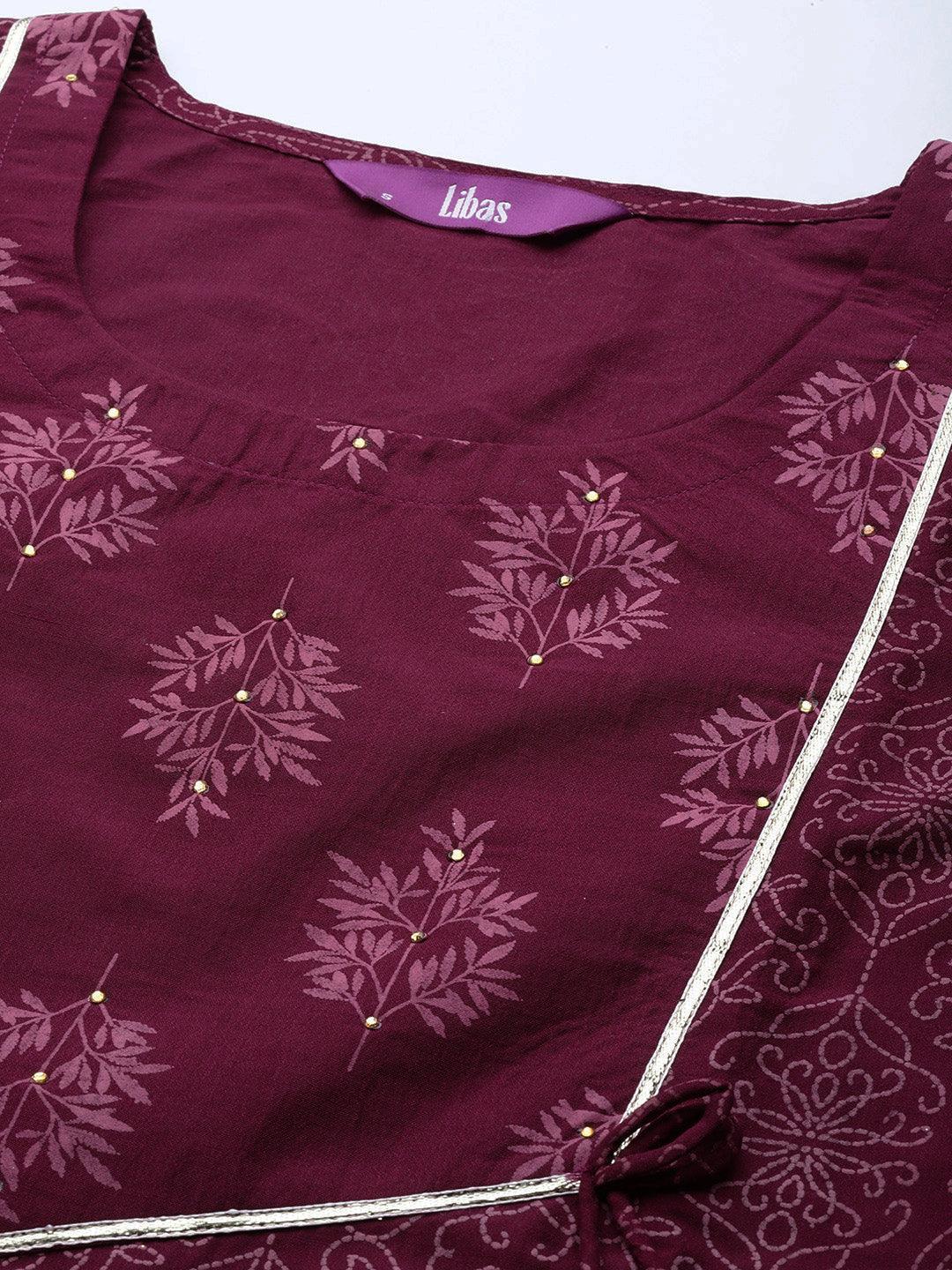 Purple Printed Silk Blend Straight Kurta With Trousers & Dupatta