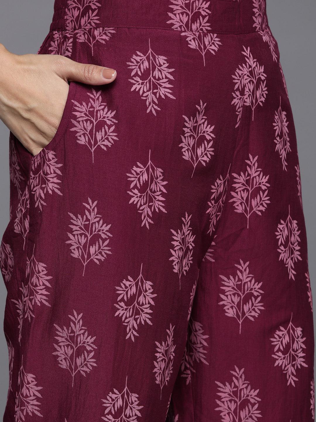 Purple Printed Silk Blend Straight Kurta With Trousers & Dupatta