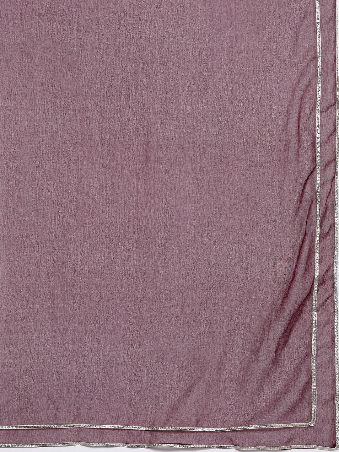 Purple Printed Silk Blend Straight Kurta With Trousers & Dupatta