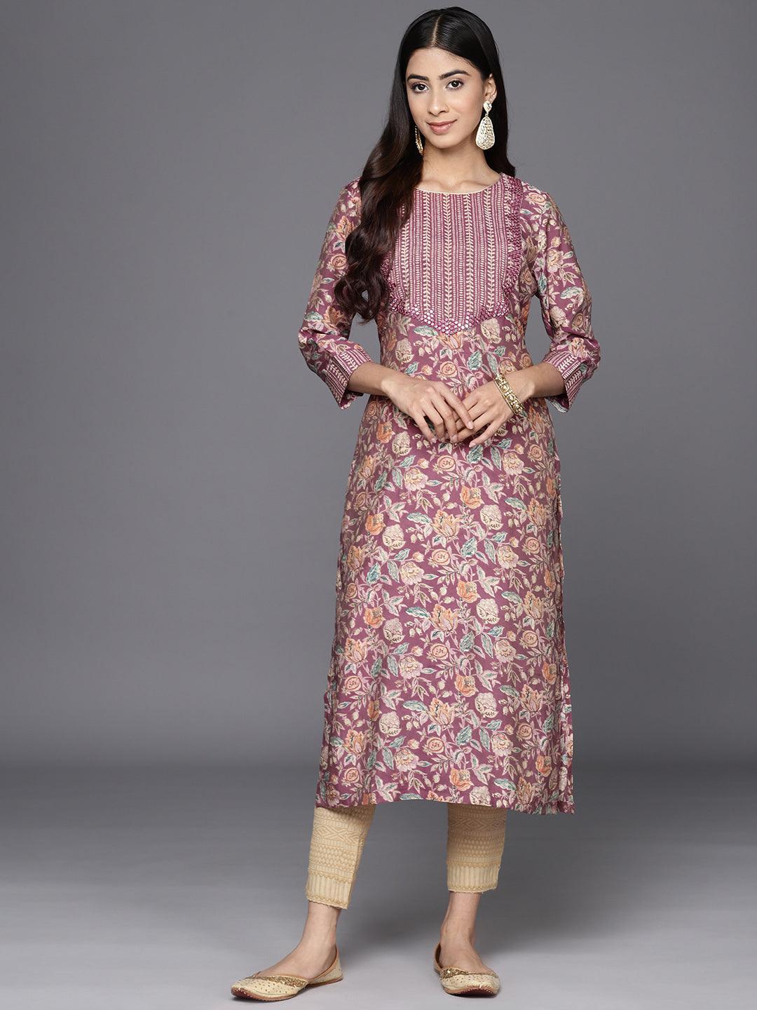 Purple Printed Silk Straight Kurta