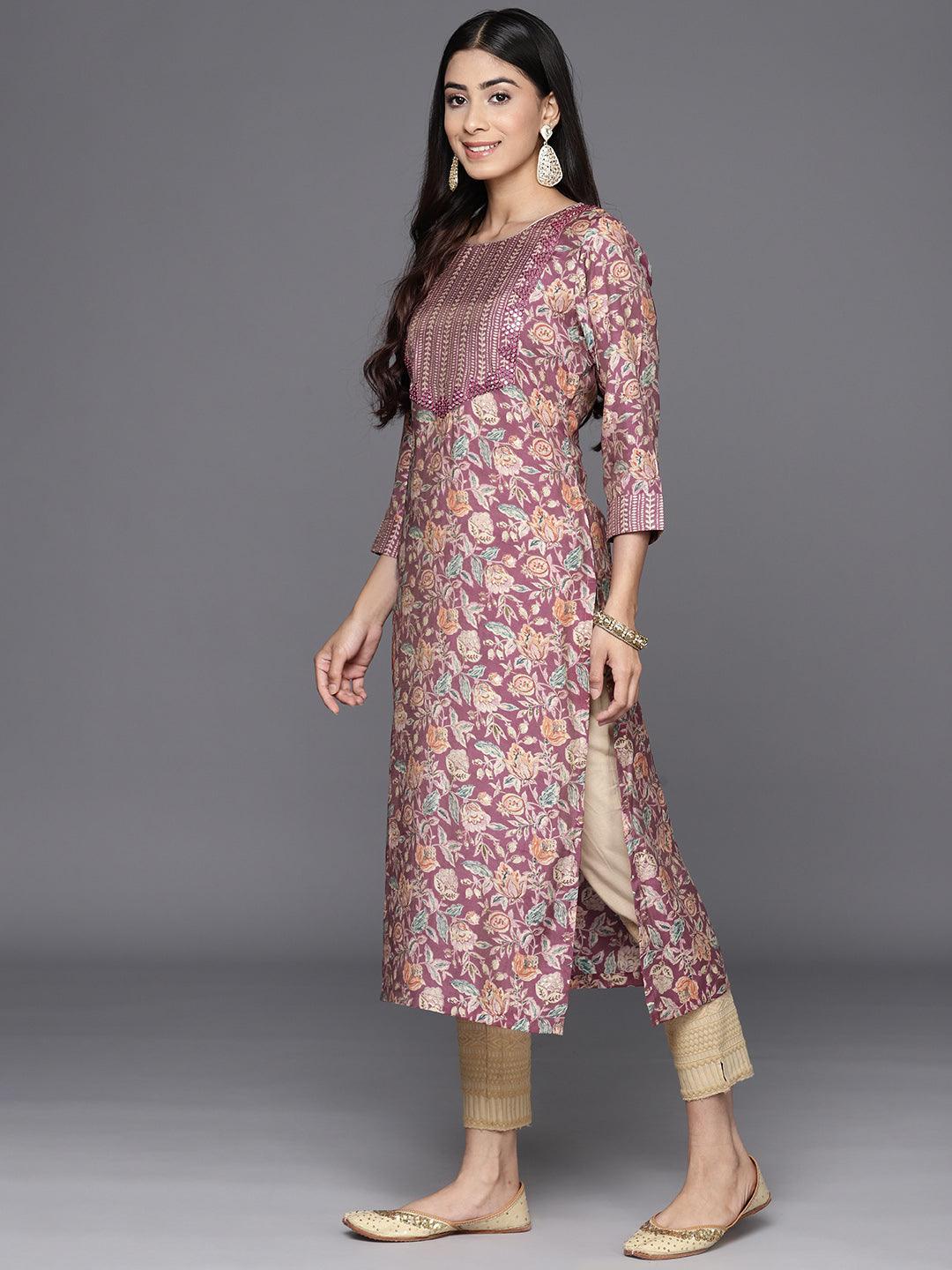 Purple Printed Silk Straight Kurta