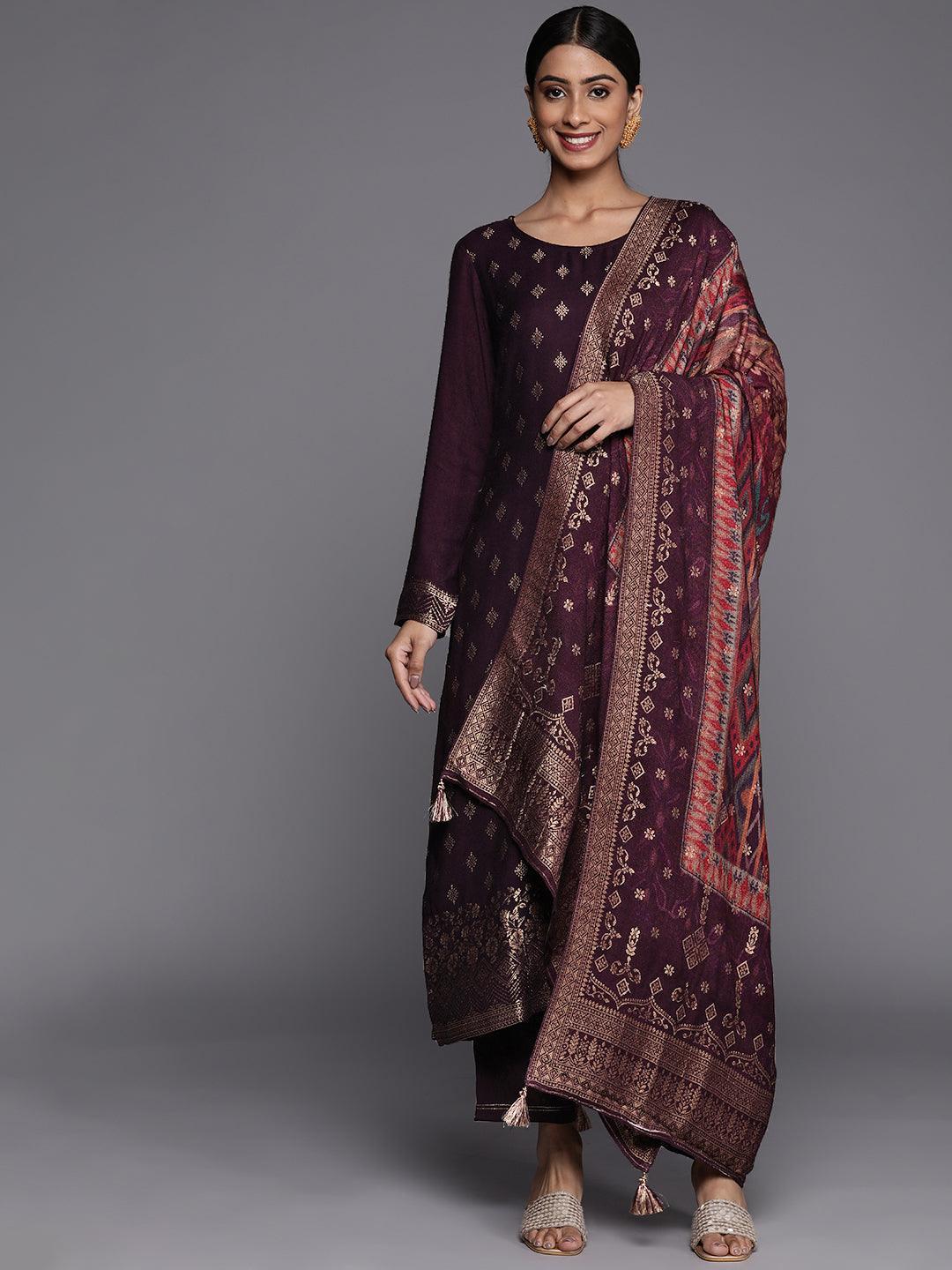 Purple Self Design Pashmina Wool Straight Suit Set