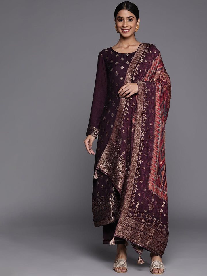 Purple Self Design Pashmina Wool Straight Suit Set - ShopLibas