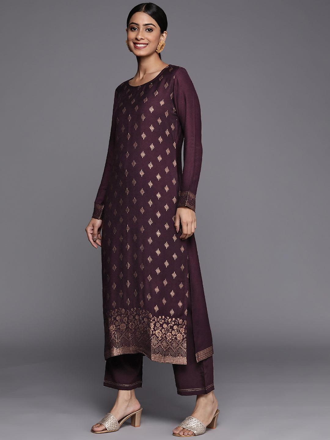 Purple Self Design Pashmina Wool Straight Suit Set