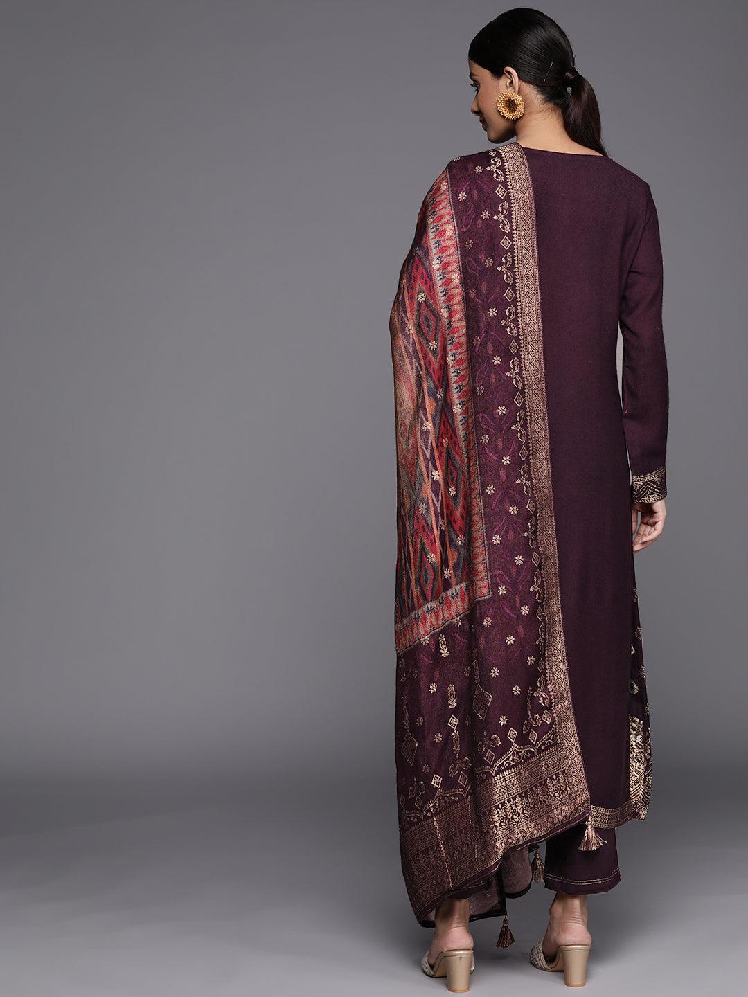 Purple Self Design Pashmina Wool Straight Suit Set