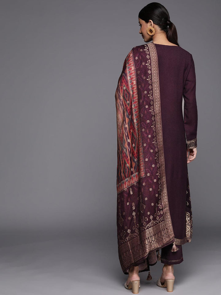 Purple Self Design Pashmina Wool Straight Suit Set - ShopLibas