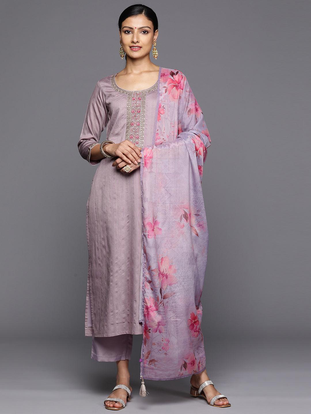 Purple Self Design Rayon Straight Kurta With Trousers & Dupatta