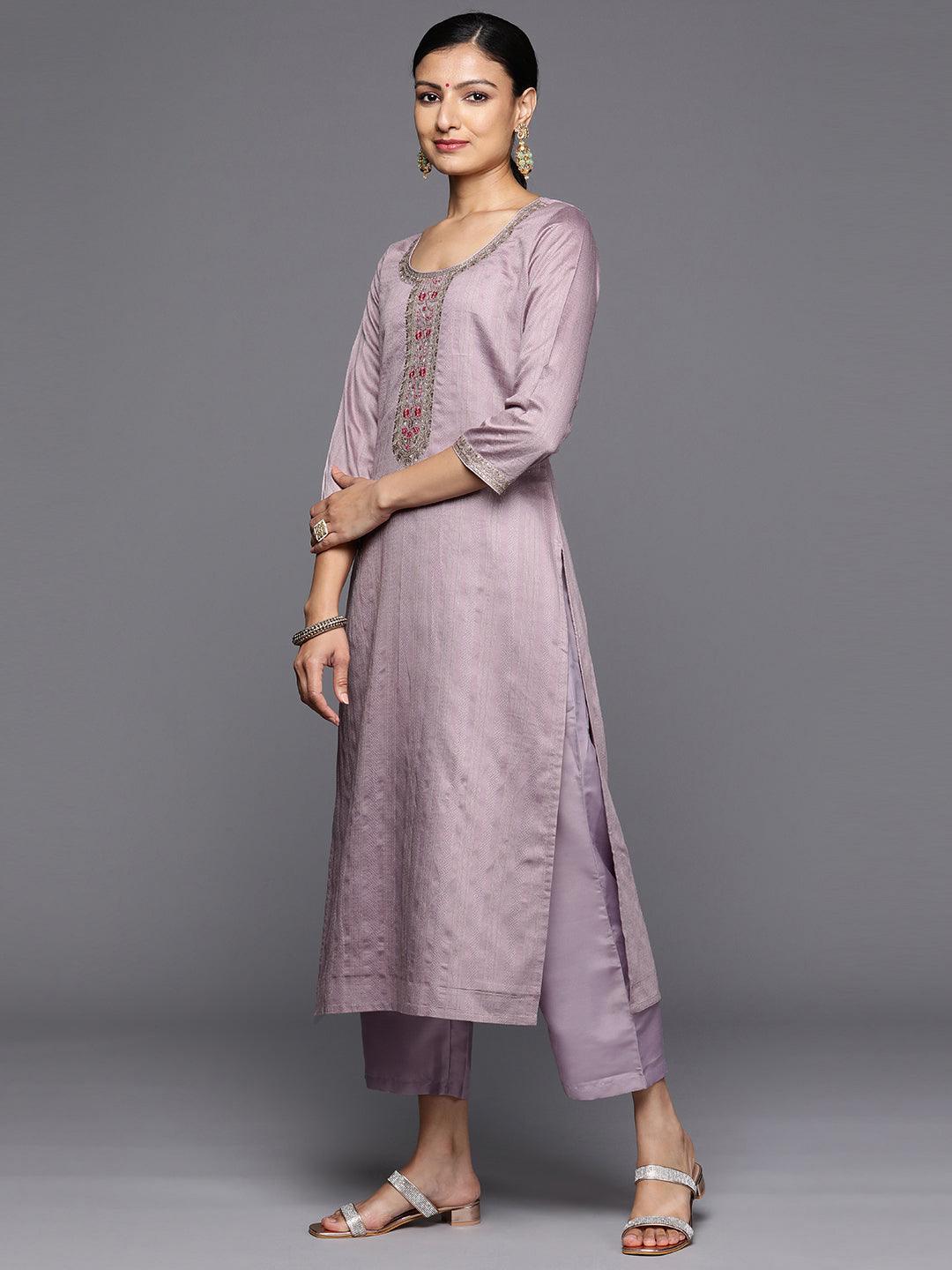 Purple Self Design Rayon Straight Kurta With Trousers & Dupatta