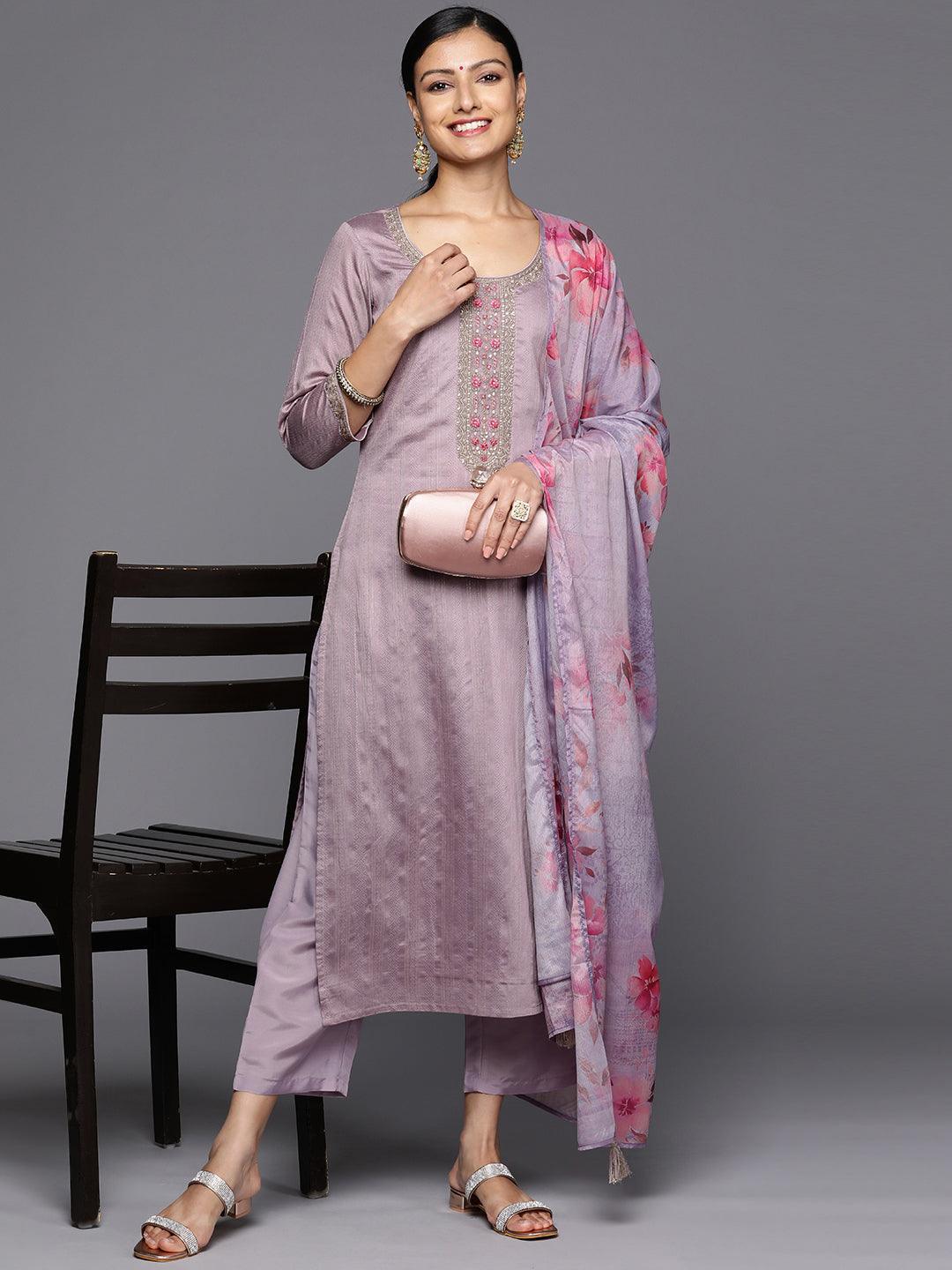 Purple Self Design Rayon Straight Kurta With Trousers & Dupatta