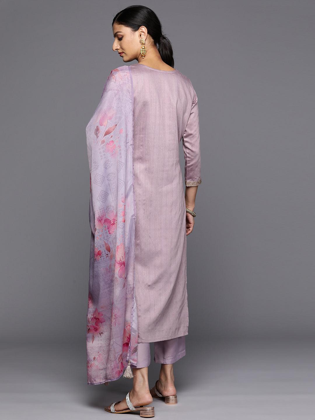 Purple Self Design Rayon Straight Kurta With Trousers & Dupatta