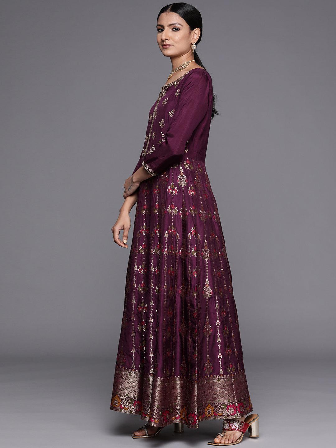 Purple Self Design Silk Anarkali Suit Set