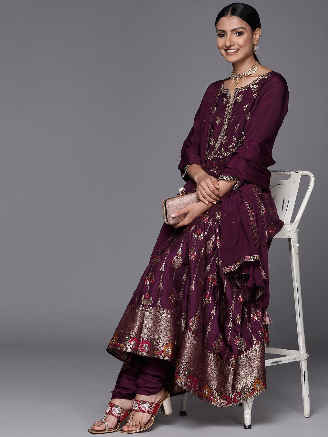 Purple Self Design Silk Anarkali Suit Set - ShopLibas