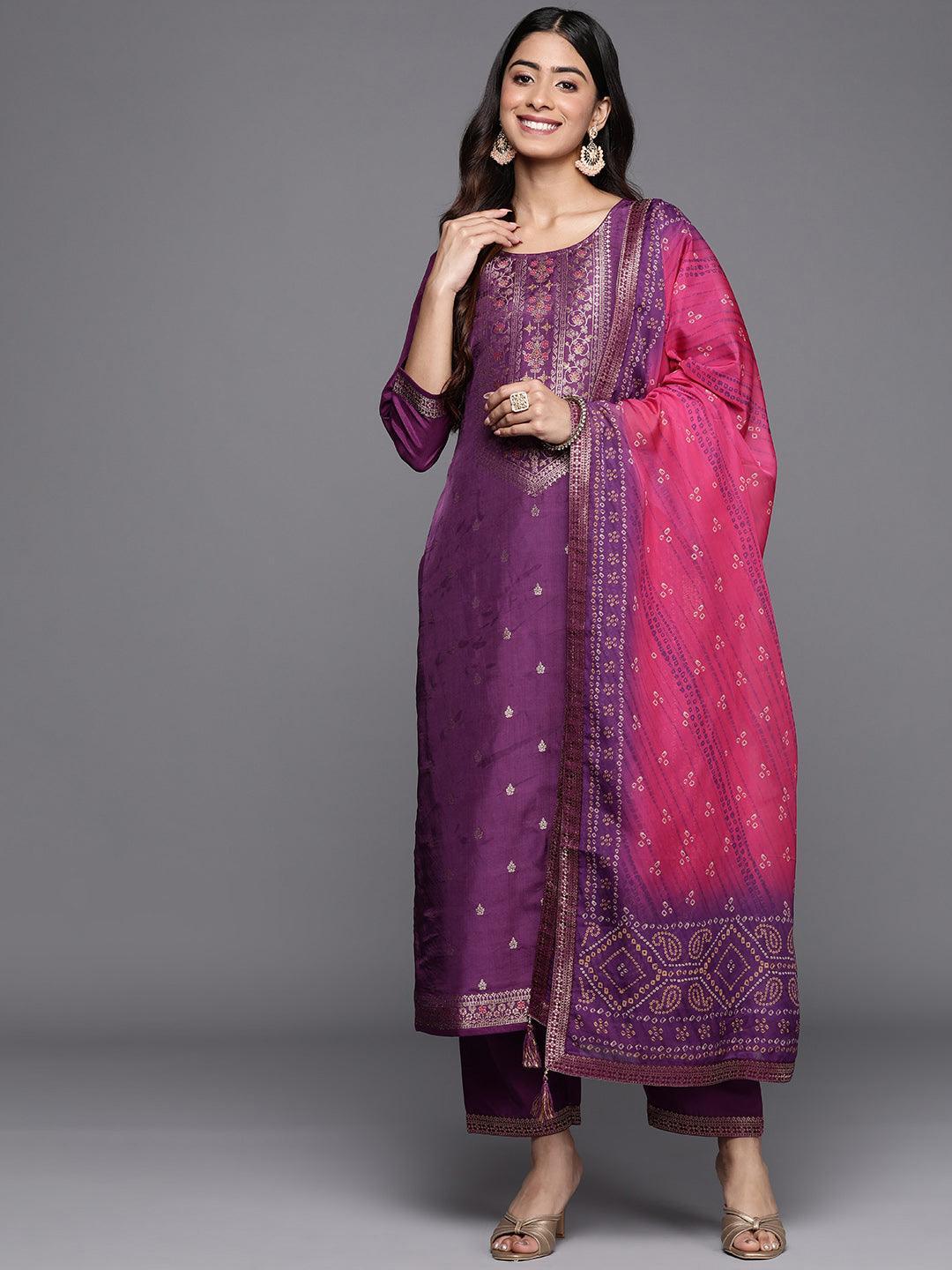 Purple Self Design Silk Blend Straight Suit Set With Trousers