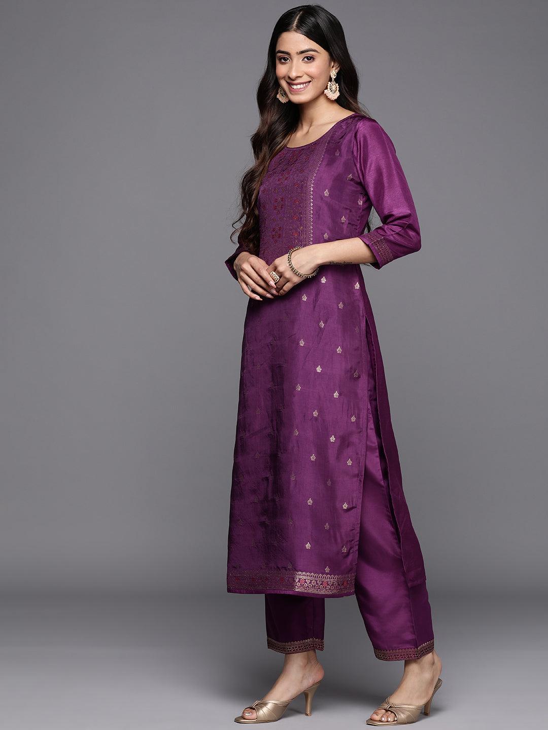 Purple Self Design Silk Blend Straight Suit Set With Trousers