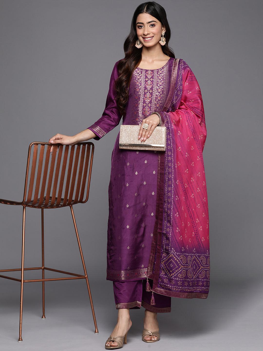 Purple Self Design Silk Blend Straight Suit Set With Trousers